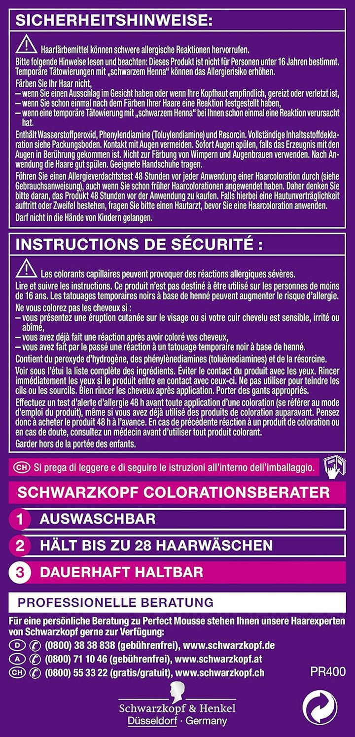 Schwarzkopf Perfect Mousse Permanente Schaumcoloration, 400 Dunkelbraun Stufe 3, 3er Pack (3 x 93 ml