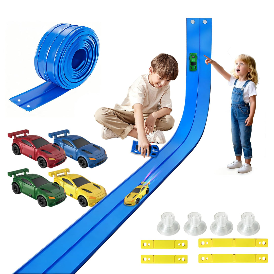 RedCrab Flexible Rennbahn für Kinder, 5m Lange Flexible Autorennbahn mit 4 Autos und 4 Saugnäpfen, K