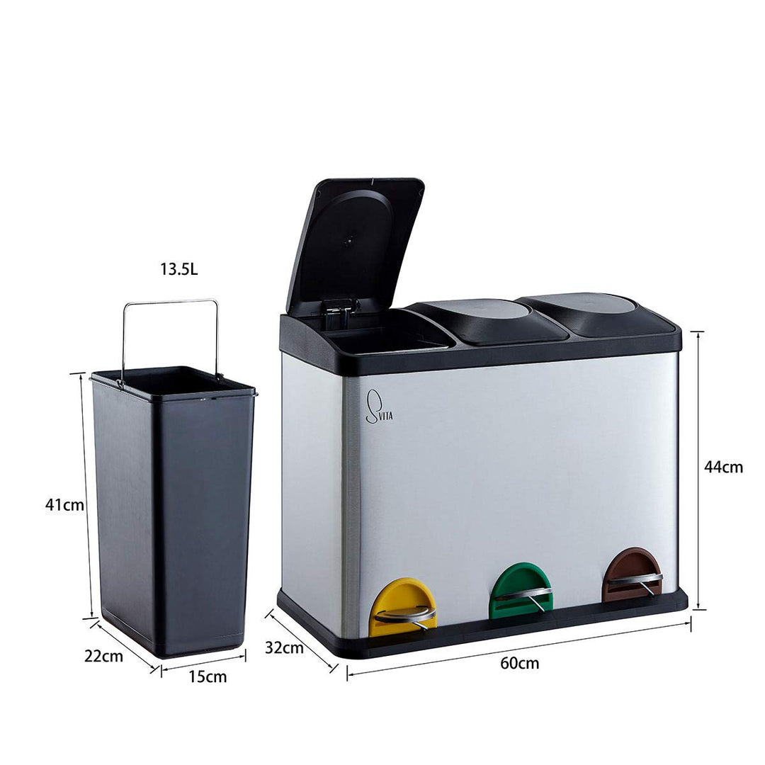 SVITA TC3X15 Treteimer Edelstahl 45 Liter Silber 3X 15L dreifach Abfalleimer 3er-Mülleimer Mülltrenn