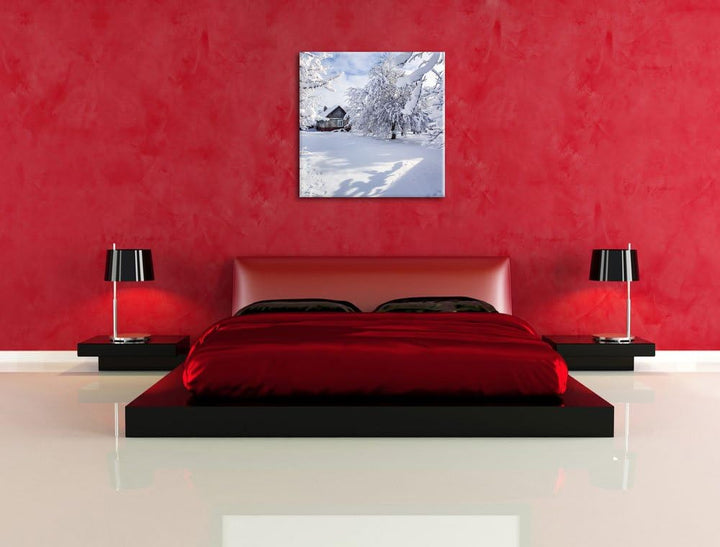 Winterlandschaft mit Hütte, Format: 70x70 auf Leinwand, XXL riesige Bilder fertig gerahmt mit Keilra