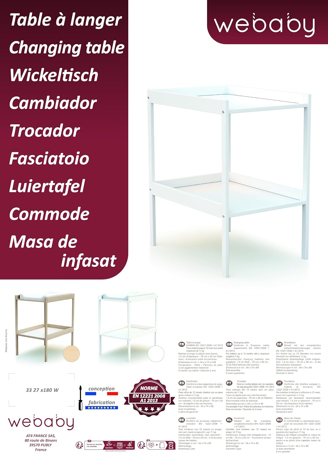 WEBABY - Wickeltisch 1 Regal Buche roh | 74 x 54 x 88 cm | Für 50x70 cm Matratze NICHT INBEGRIFFEN
