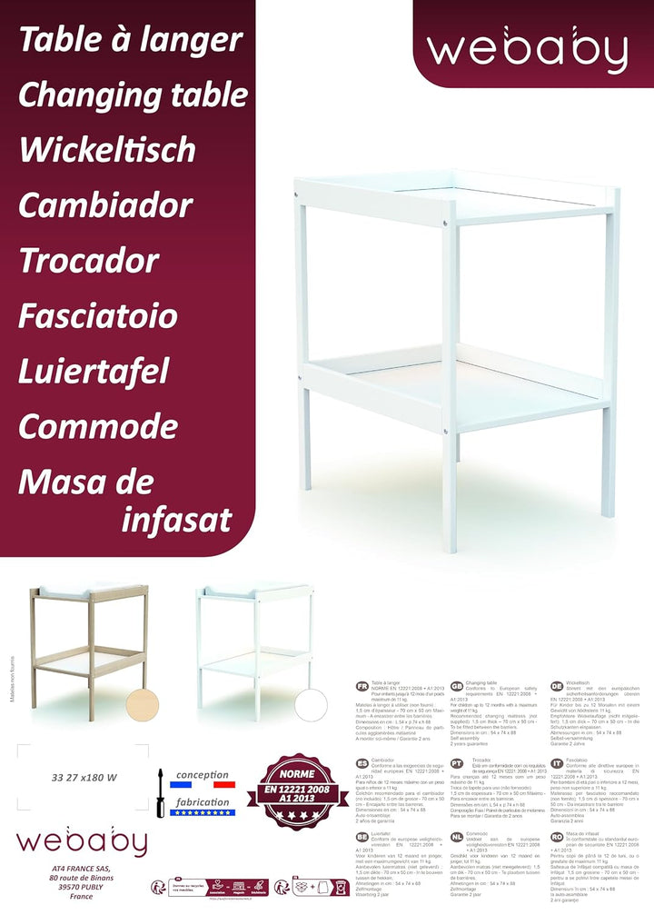 WEBABY - Wickeltisch 1 Regal Buche roh | 74 x 54 x 88 cm | Für 50x70 cm Matratze NICHT INBEGRIFFEN