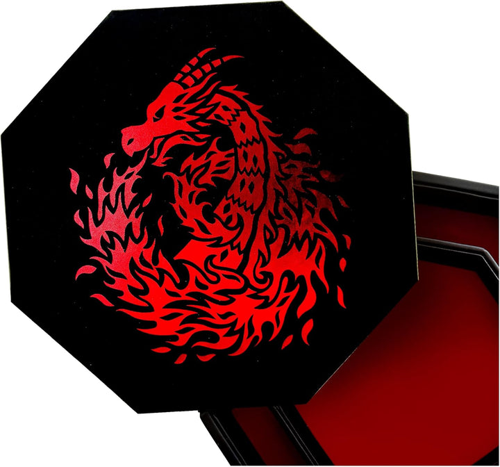 Fantasydice - Rot - Feuerdrache - Würfeltablett - 20,3 cm achteckig mit Deckel und Würfelfel-Bereich