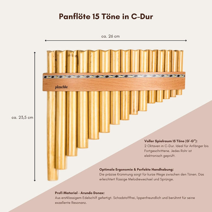 Plaschke Panflöte, Holz-Riemen Design, handgemacht aus Südtirol 18 Töne C-Dur 18 Töne C/Do, 18 Töne