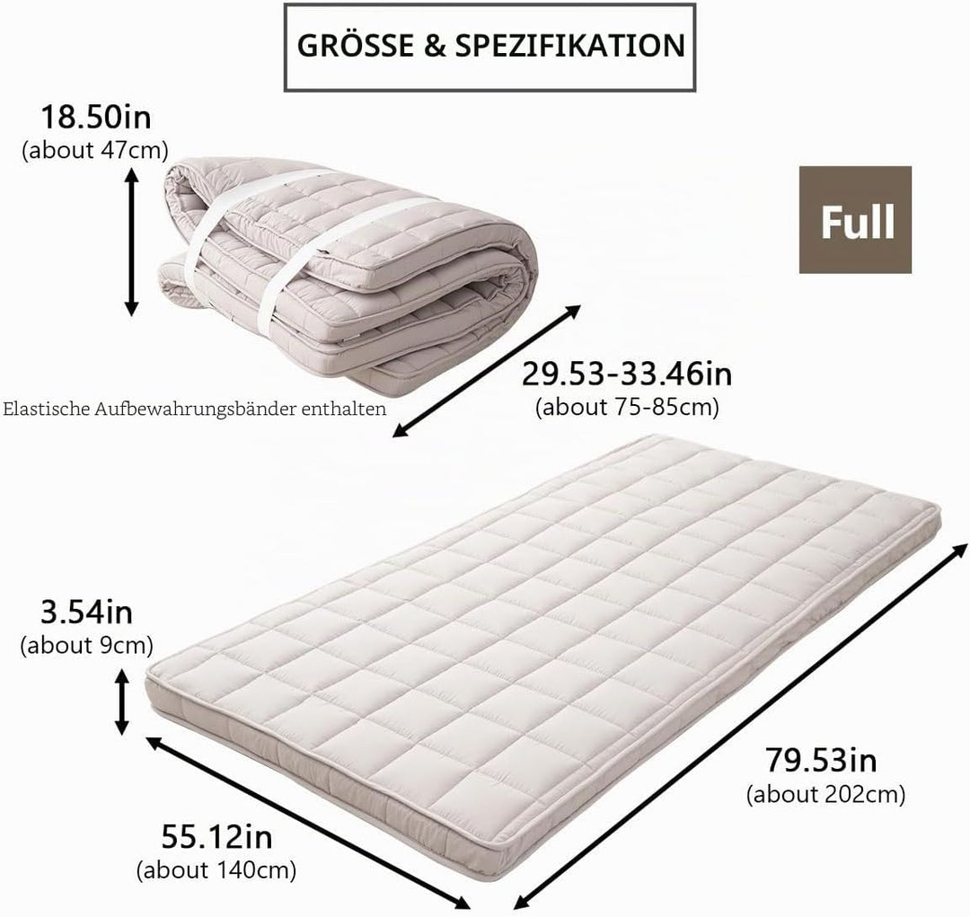 EMOOR Japanische Gepolsterte Futon-Matratze Machi 140 x 202 cm Grau, Zwickel Faltbar Verstaubar Elas