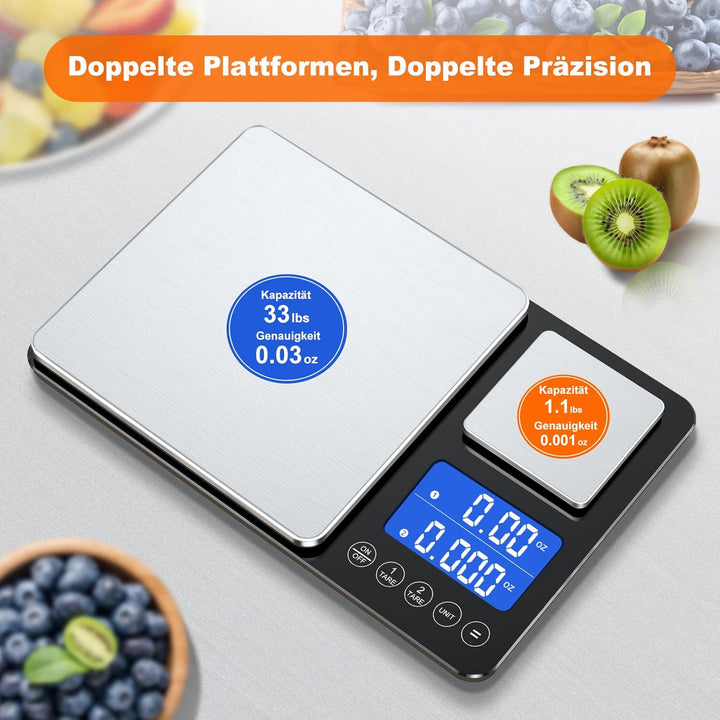 BRICH Digitale Küchenwaage mit Dualer Plattform – 500g/0,01g & 15kg/1g Präzision, Summierungsfunktio