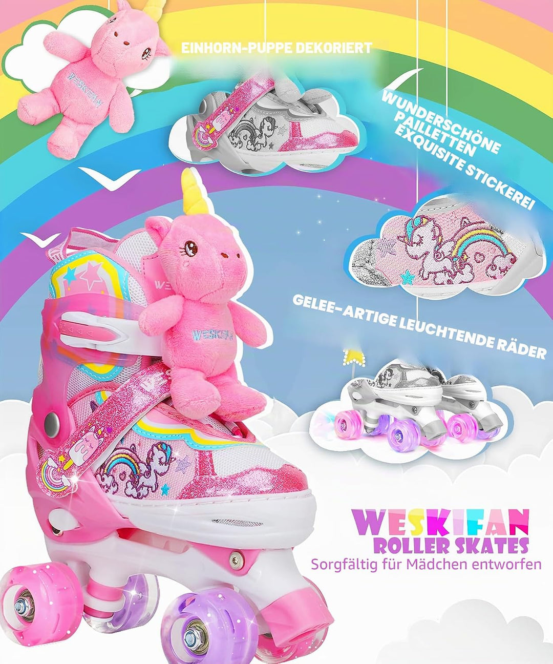 Kinder Einhorn-Puppe Rollschuhe für Mädchen 4 Grössen Verstellbar Mit Leuchtenden Rädern Quad Roller