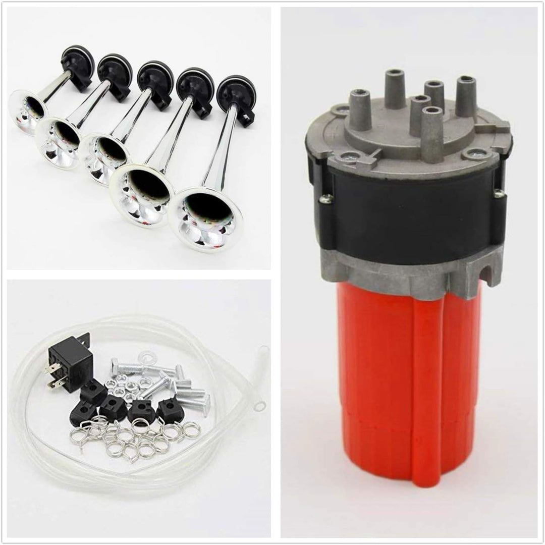 YIYIDA Fünf-Röhren-Musikhorn Autohupe Dixiland Mehrfrequenz-Sound rote Luftpumpe Persönlichkeit 12V