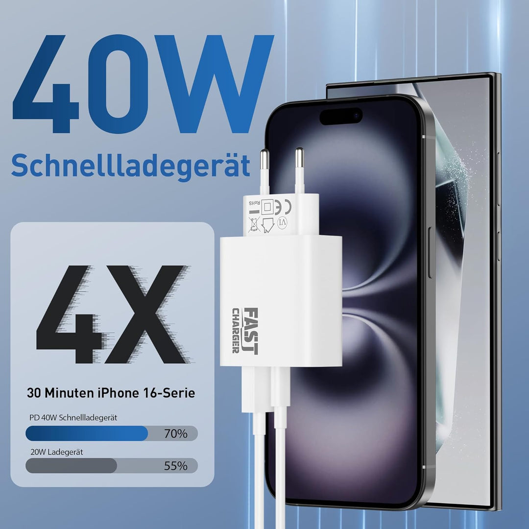 40W USB C Ladegerät + 3M Lang Ladekabel für iPhone 17/Pro Max Air/16/16e/15 Plus, iPad 11/10/A16, Ga