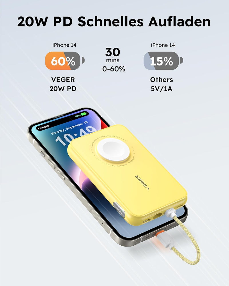 VEGER Mini Power Bank 20W PD, 10000mAh Powerbank mit Apple auf USB C Kabel, mit Apple Watch Laden, 2