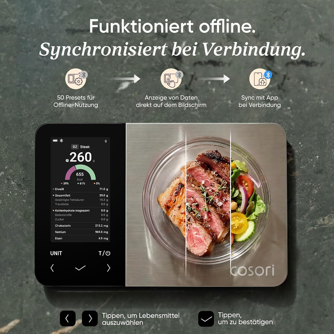 Cosori Küchenwaage digital Ernährungswaage-App,Offline-Modus,USB aufladbar Dunkelgrau, Dunkelgrau