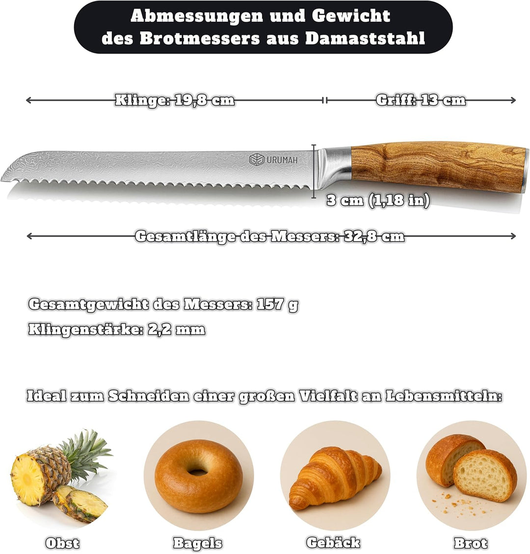 URUMAH Damascus Brotmesser Wellenschliff 20 cm mit ergonomischem Olivenholzgriff Klinge aus rostfrei