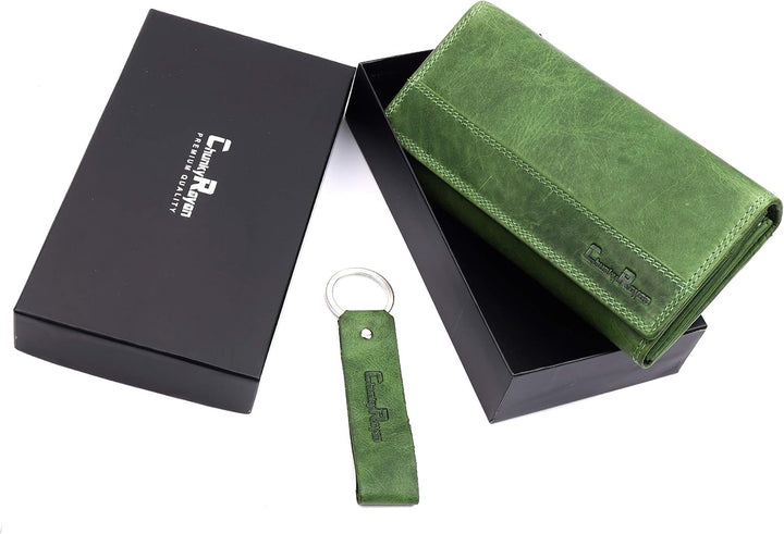 Echtleder Damen Geldbörse Hochwertig Vintage RFID Schutz inklusive Leder Schlüsselanhänger GB-4 Gree