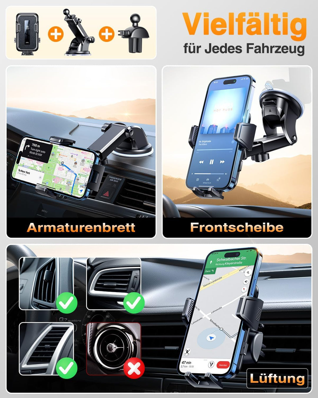 VANMASS Handyhalterung Auto [2022 Upgrade Saugkraft] Handy Halterung Auto Lüftung & Saugnapf Univers