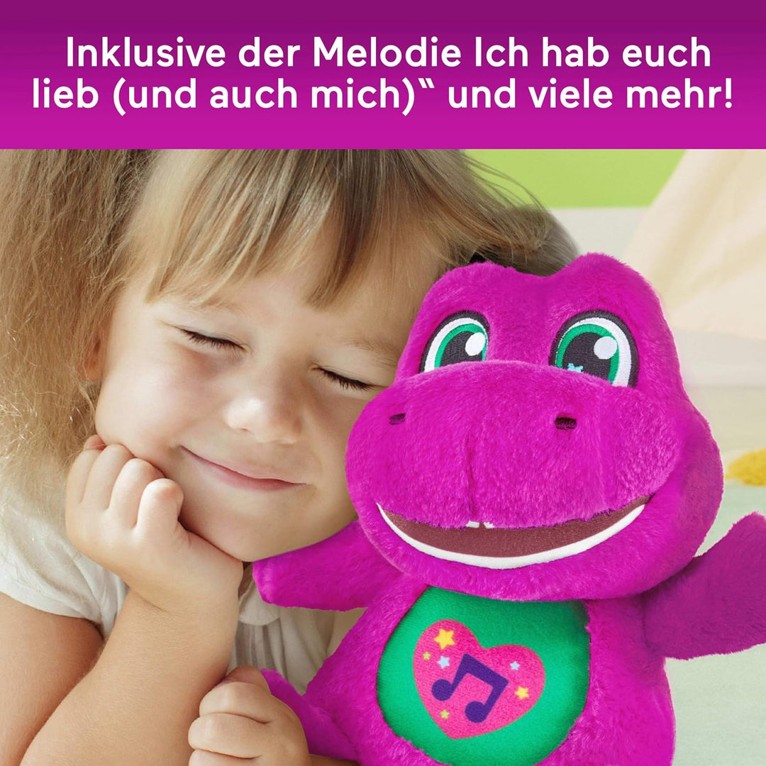 Barney – Barneys Sänger, Plüsch 25+ cm mit Geräuschen, spielt 10 Sätze und 5 Lieder in Englisch, Fra