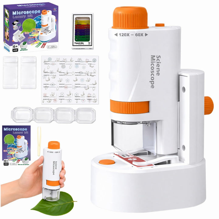 60-120x Mikroskop für Kinder mit Stand | Tragbares Taschenmikroskop, Hand-und Stand, Multifunktional