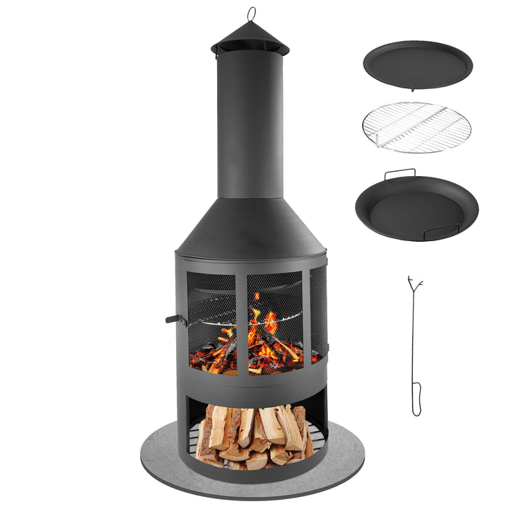 Lemodo Gartenkamin mit Grillrost und Pfanne, Outdoor-Kamin 136cm mit Funkenschutztür, Grillkamin für
