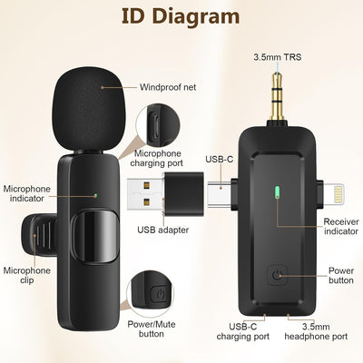 HMKCH Kabelloses Lavalier Mikrofon für iPhone/Android Telefon/Kamera/Computer/Laptop, Professionelle