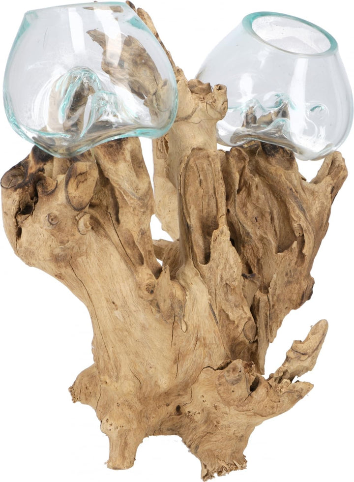GURU SHOP Exotische Wurzelholz Vase mit 2 Gläsern - 2 x Ø Glas bis 10 cm 2 * Ø Glas Bis 10 Cm, 2 * Ø