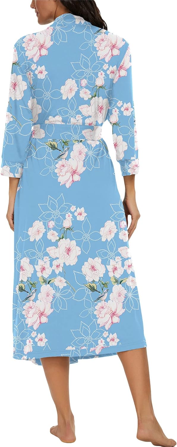 PrinStory Damen Bademantel Leichter 3/4 Ärmeln Morgenmantel V-Ausschnitt Kimono Roben Langes Nachtwä