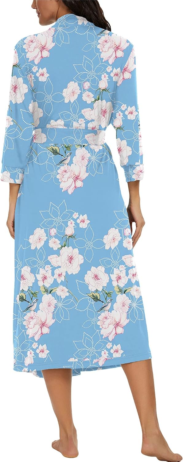PrinStory Damen Bademantel Leichter 3/4 Ärmeln Morgenmantel V-Ausschnitt Kimono Roben Langes Nachtwä