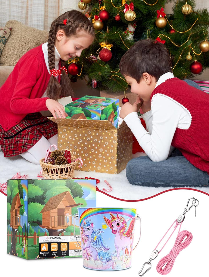 FUQUN Flaschenzug Kinder, Riemenscheibe mit Eimerkabel, Kids Playhouse Accessories, Pulleys for Kids