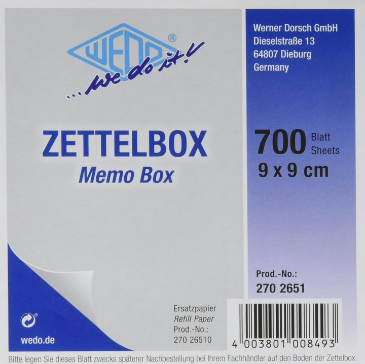 Wedo 2702651 Zettelbox Kunststoff (9 x 9 cm, rauchglas gefüllt, circa 700 Blatt, 6 farbig), 1 Zettel