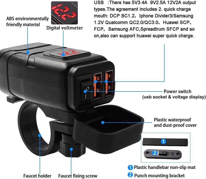 Kriogor Dual USB Motorcycle Car Charger, 3.0 Quick Charger and 6-30 V LED Voltmeter with Independent