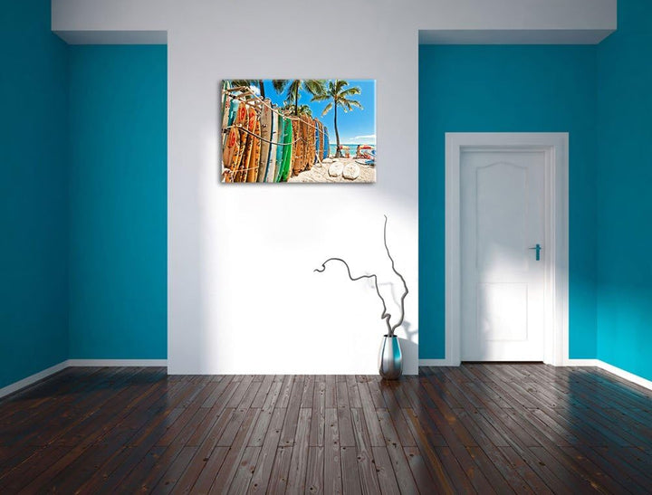 Surfboards am Strand Format: 100x70 auf Leinwand, XXL riesige Bilder fertig gerahmt mit Keilrahmen,
