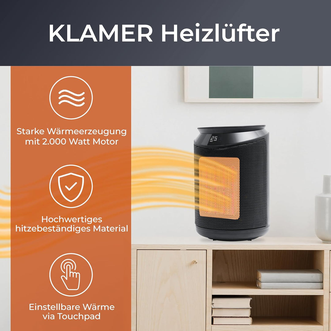 KLAMER Heizlüfter 2000 W PTC Keramik energiesparend, 3 Heizstufen inkl. Eco-Modus, 9 Std. Timer, The