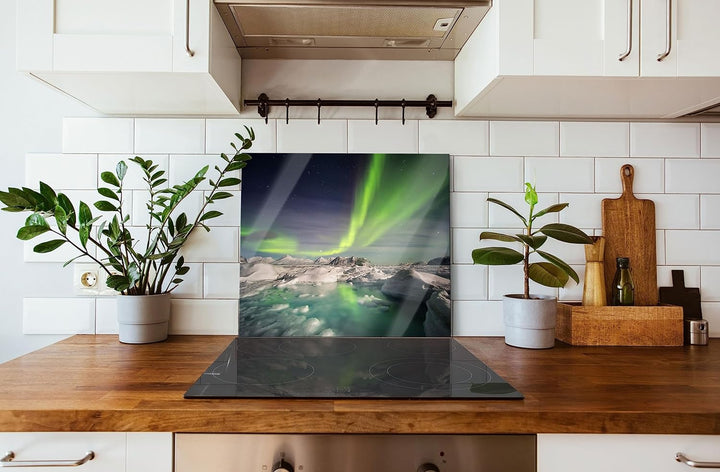 gewaltiges Polarlicht Herdabdeckplatte & Spritzschutz aus Echtglas | Für Herd-Kochfelder | 60x52 cm