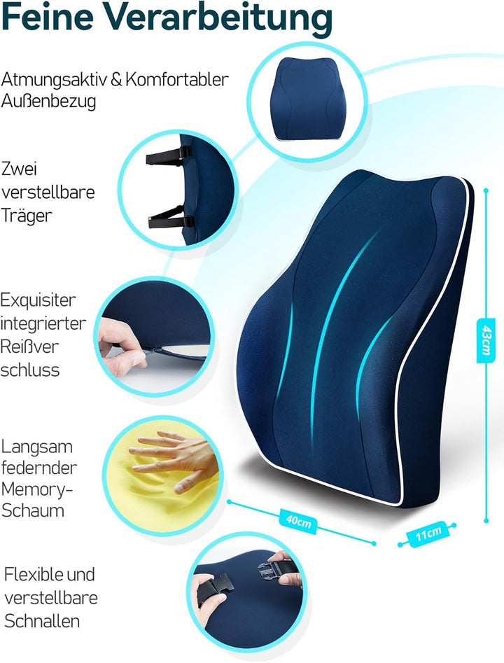 Travel Ease Ergonomisches RückenKissen aus Memory Foam, Lendenkissen für Bürostuhl, Autositz, Rollst