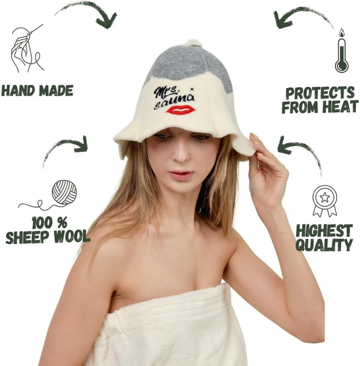 Sauna Guru Saunahut 'Mrs Sauna' White - 100% organische Wollfilzmützen - Schützen Sie Ihren Kopf vor