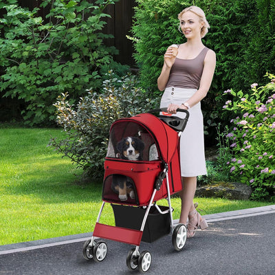 COSTWAY Hundewagen Haustiere Buggy bis 15kg, Hundebuggy mit Netzfenstern & Getränkehalter & Anhänger