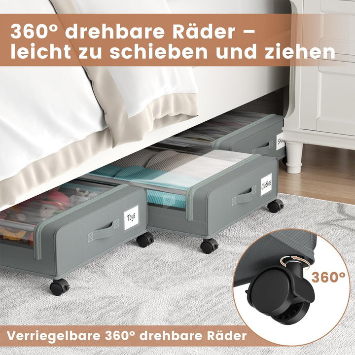 PHINOX Unterbett-Aufbewahrungsbox mit Rollen,4 Stück (74x42x16cm) - Graue Aufbewahrungsbox mit Klars