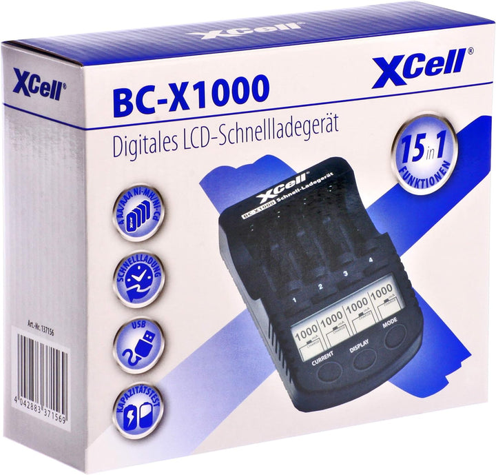XCell Schnellladegerät BC-X1000 mit LCD-Display (für 1–4 AA & AAA Ni-MH/Ni-Cd Akkus)