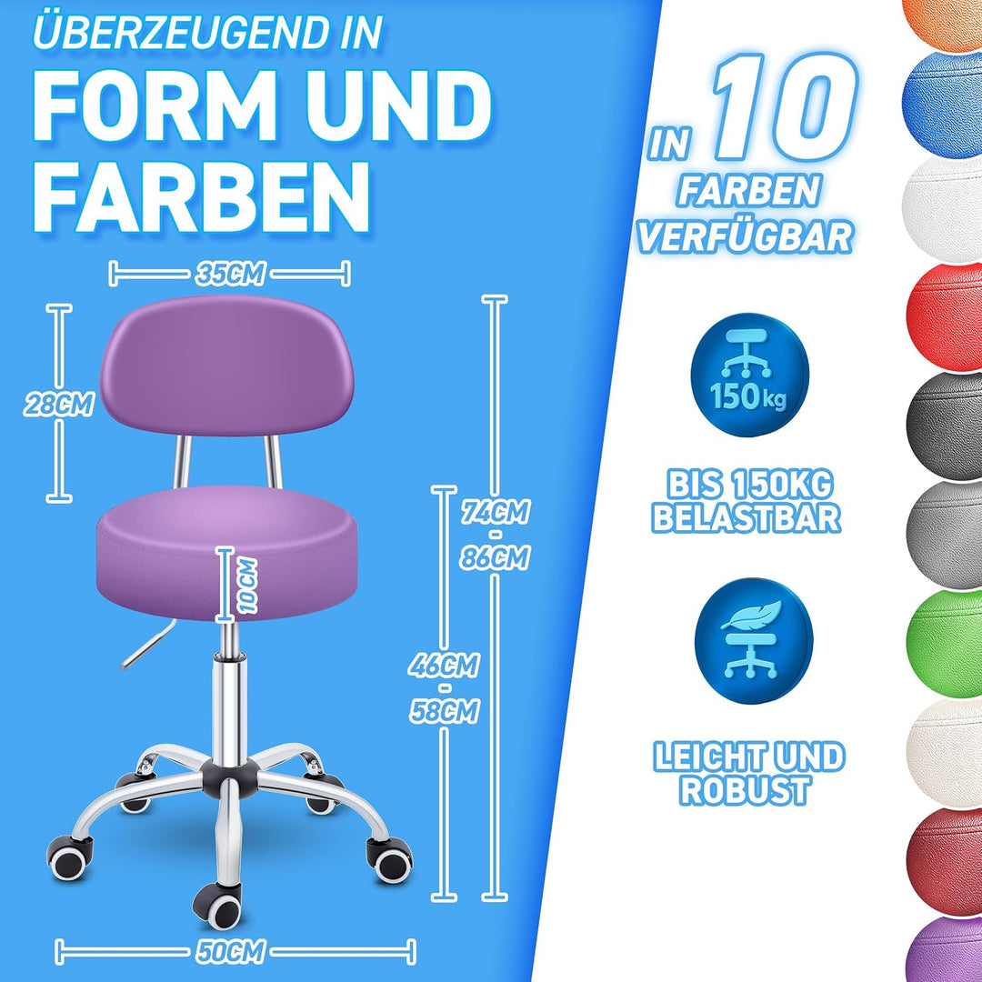 TRESKO® Rollhocker mit Lehne höhenverstellbar 10cm Dicke Polsterung Drehbar | Hocker 46-58cm | Arbei