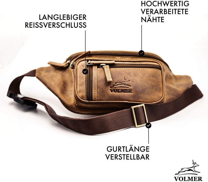 Fa.Volmer ® Gürteltasche in Echt-Leder für Damen und Herren | braun | Verstellbarer Gurt bis 130 cm