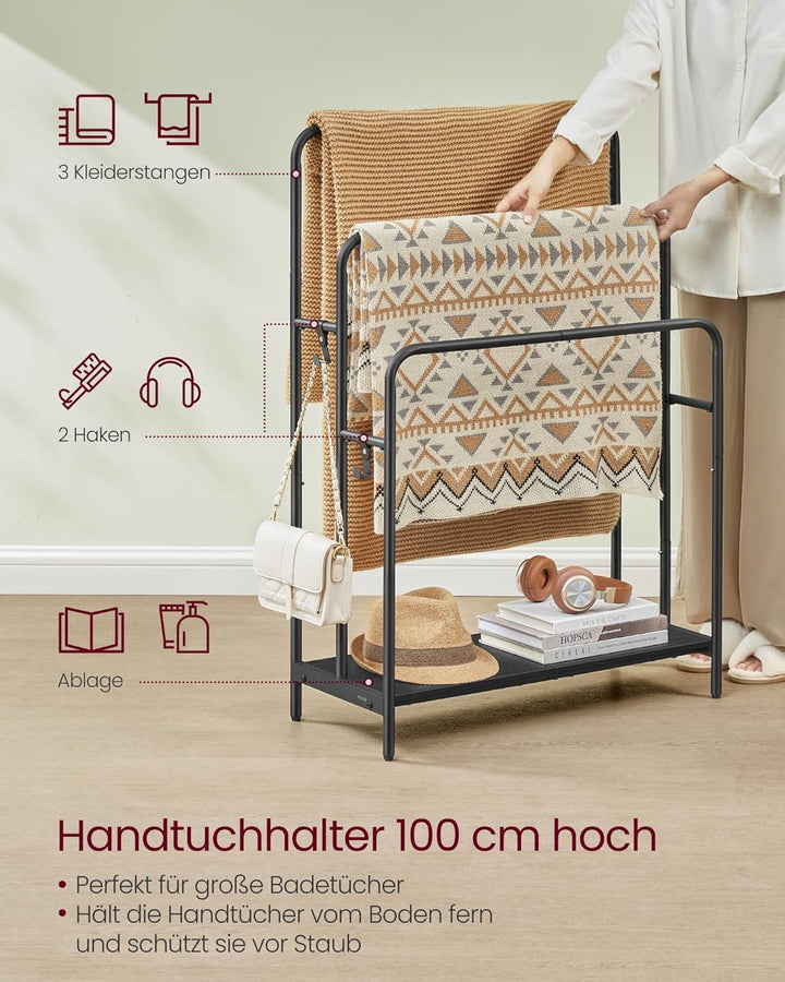 VASAGLE Handtuchhalter, stehend, Handtuchständer 3 Stangen, 70 x 30 x 100 cm, 2 Haken, Ablage, für D