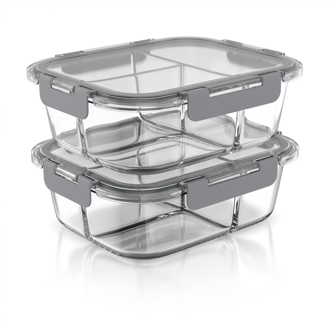 Arendo - Lunchboxen Glas - 3 Fächer - Frischhaltedosen für Lebensmittel mit Deckel luftdicht - 2er S
