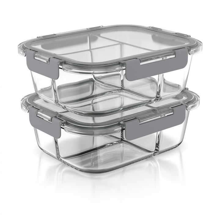 Arendo - Lunchboxen Glas - 3 Fächer - Frischhaltedosen für Lebensmittel mit Deckel luftdicht - 2er S
