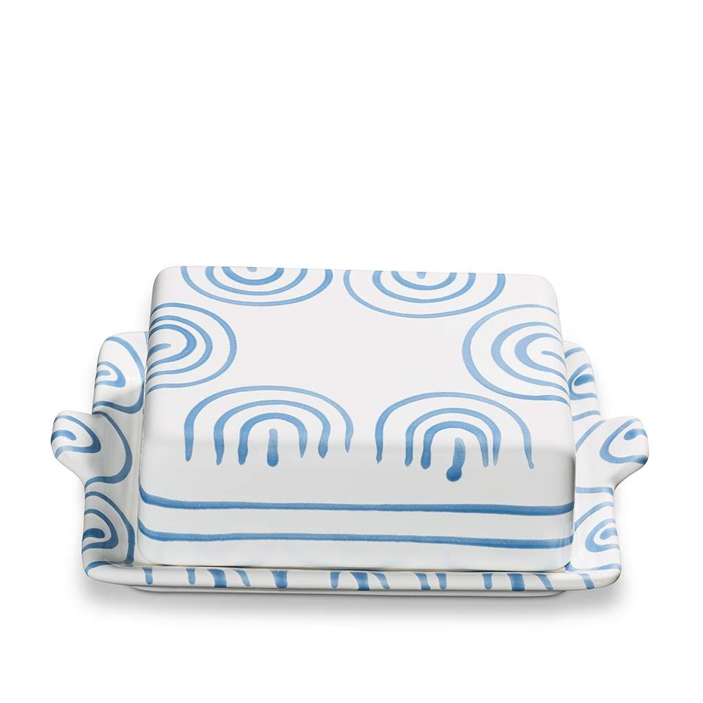 GMUNDNER KERAMIK Butterdose Grösse: l= 20.5 cm x b= 14.5 cm x h= 5.7 cm Blaugeflammt Geschirr, handg