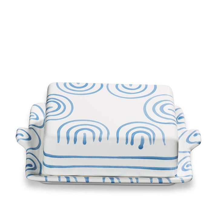 GMUNDNER KERAMIK Butterdose Grösse: l= 20.5 cm x b= 14.5 cm x h= 5.7 cm Blaugeflammt Geschirr, handg