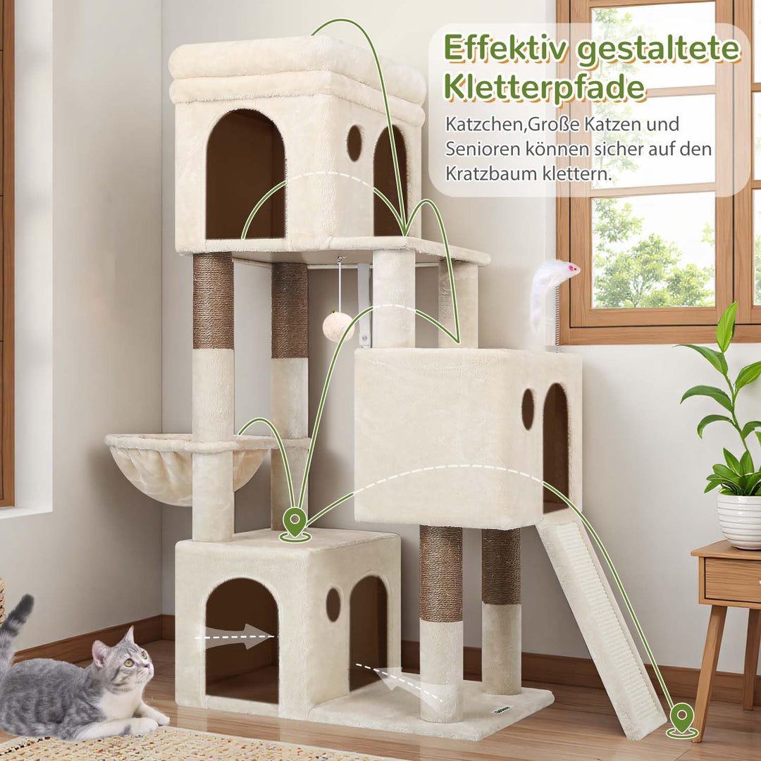 Globlazer Kratzbaum Beige für 2-4 Katzen mit 3 Grosse Katzenhaus 40*33*35cm, Weich Katzenkorb, Kratz