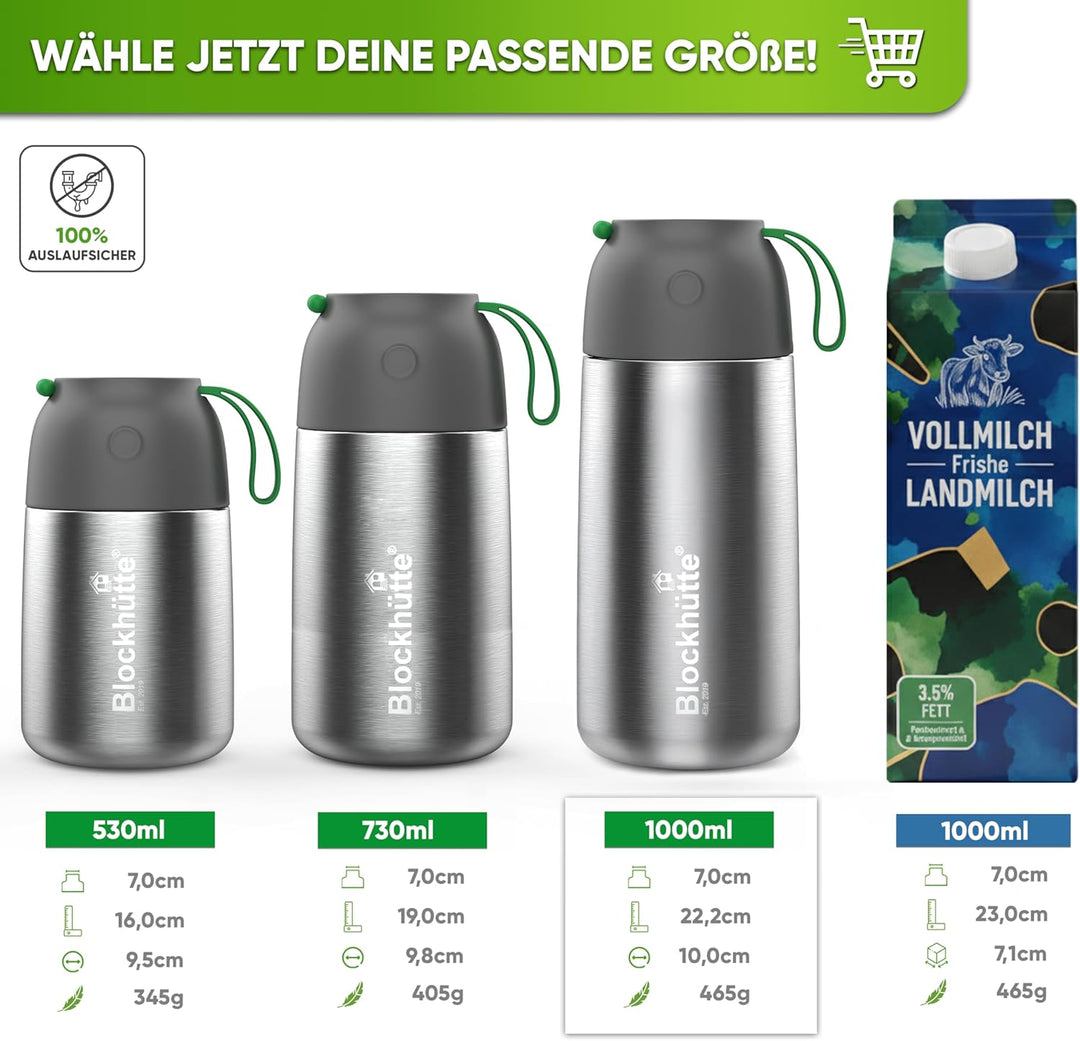 Blockhütte Edelstahl Thermobehälter für Essen I 1L I mit Spork, Bürste, Thermo Lunchbox für Kinder,