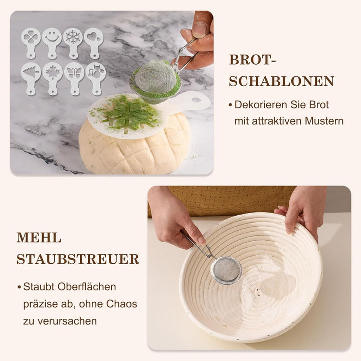 Sauerteig Starter Set, 11-teilig Gärkorb Brot, Gärkörbchen Rund 23cm, Komplettset Brot Backen Zubehö