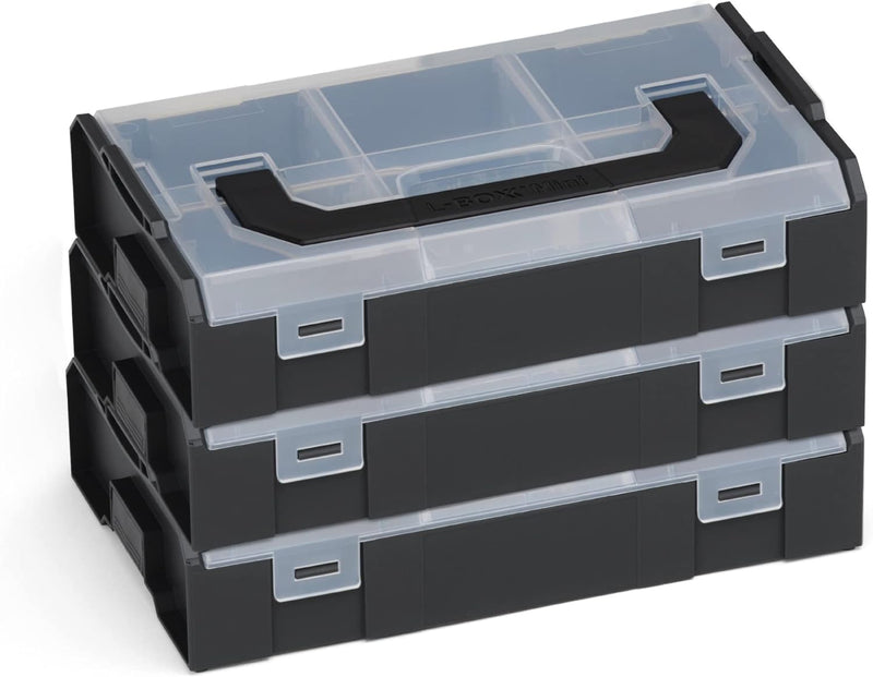 Bosch Sortimo L-BOXX mini Aufbewahrungsbox schwarz Deckel transparent 3 Stück im Set |Mini-Werkzeugk