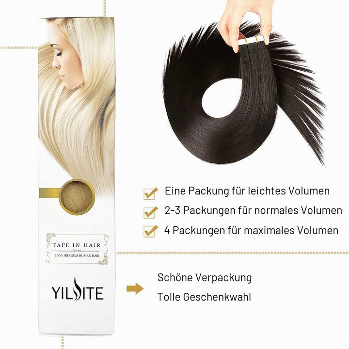 YILITE Tape Extensions Echthaar, Natürliches Schwarz 55cm 20 Stück 50g Tape in Extensions Echthaar I