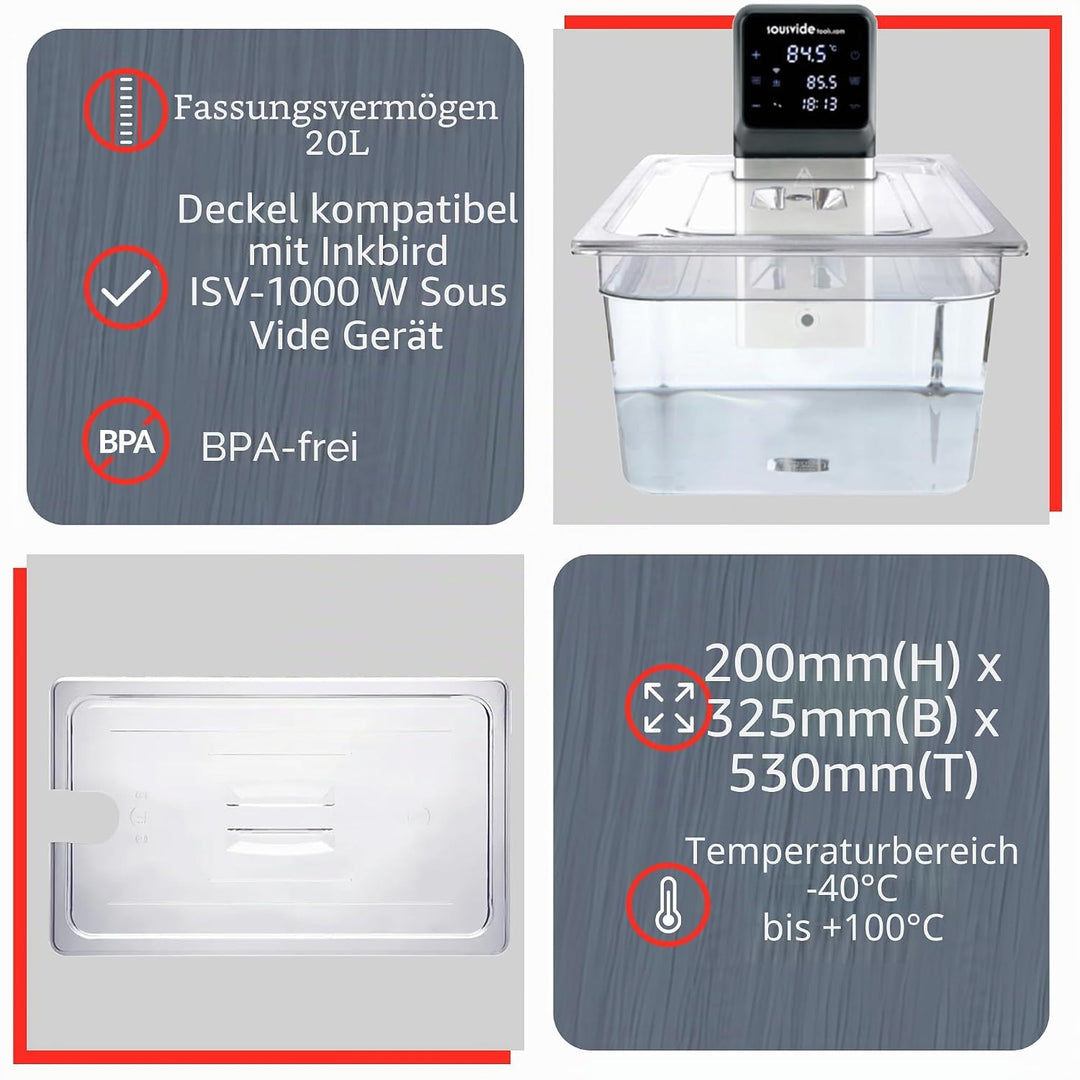 Sous Vide Tools Container aus Polycarbonat, 20 l, mit Deckel für den Sous-Vide-Stick von Anova, nich