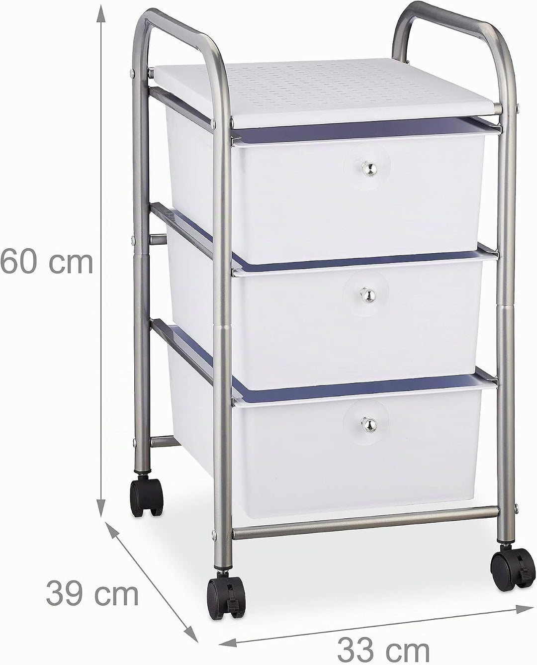 Relaxdays Badrollwagen, 3 Schubladen, Metall &amp; Kunststoff, Rollcontainer Bad, Kosmetik, HxBxT: 60 x